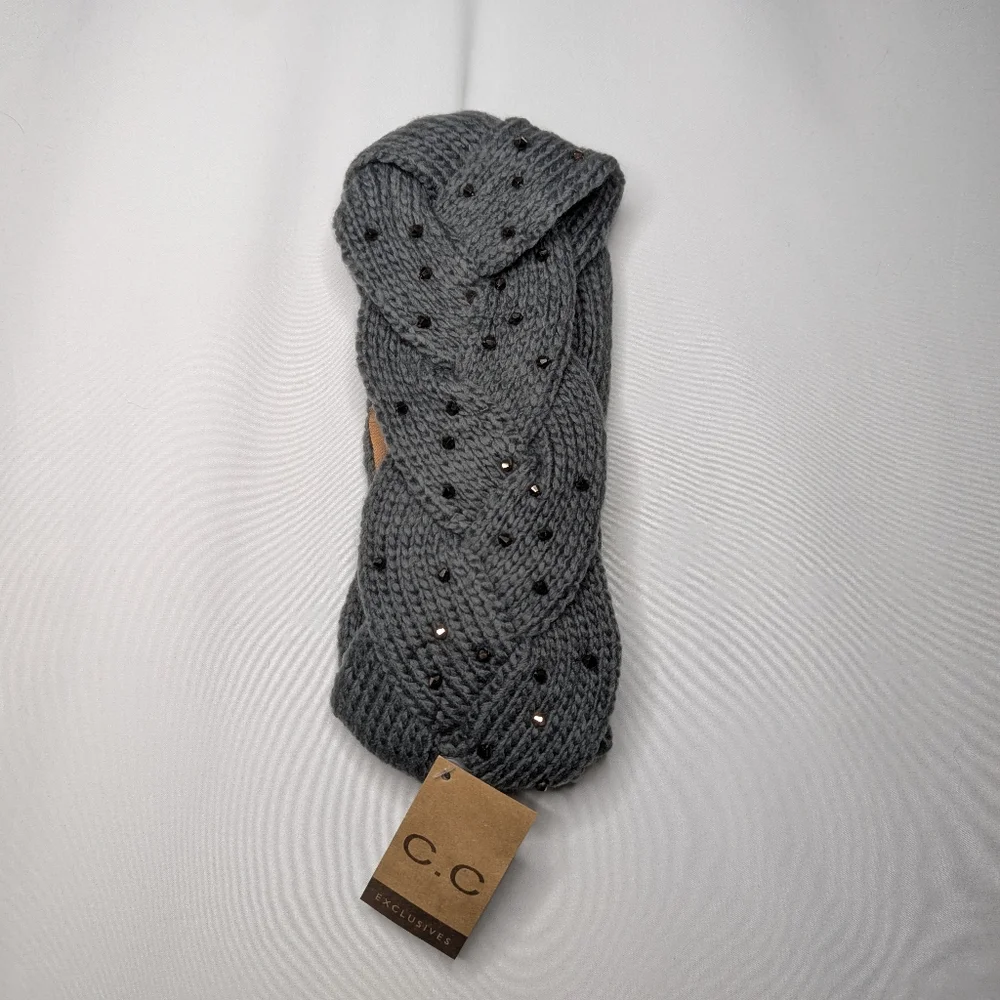 New C.C Womens Gray Knit Diamond Geometric Beaded Chunky Knit Braided Headband